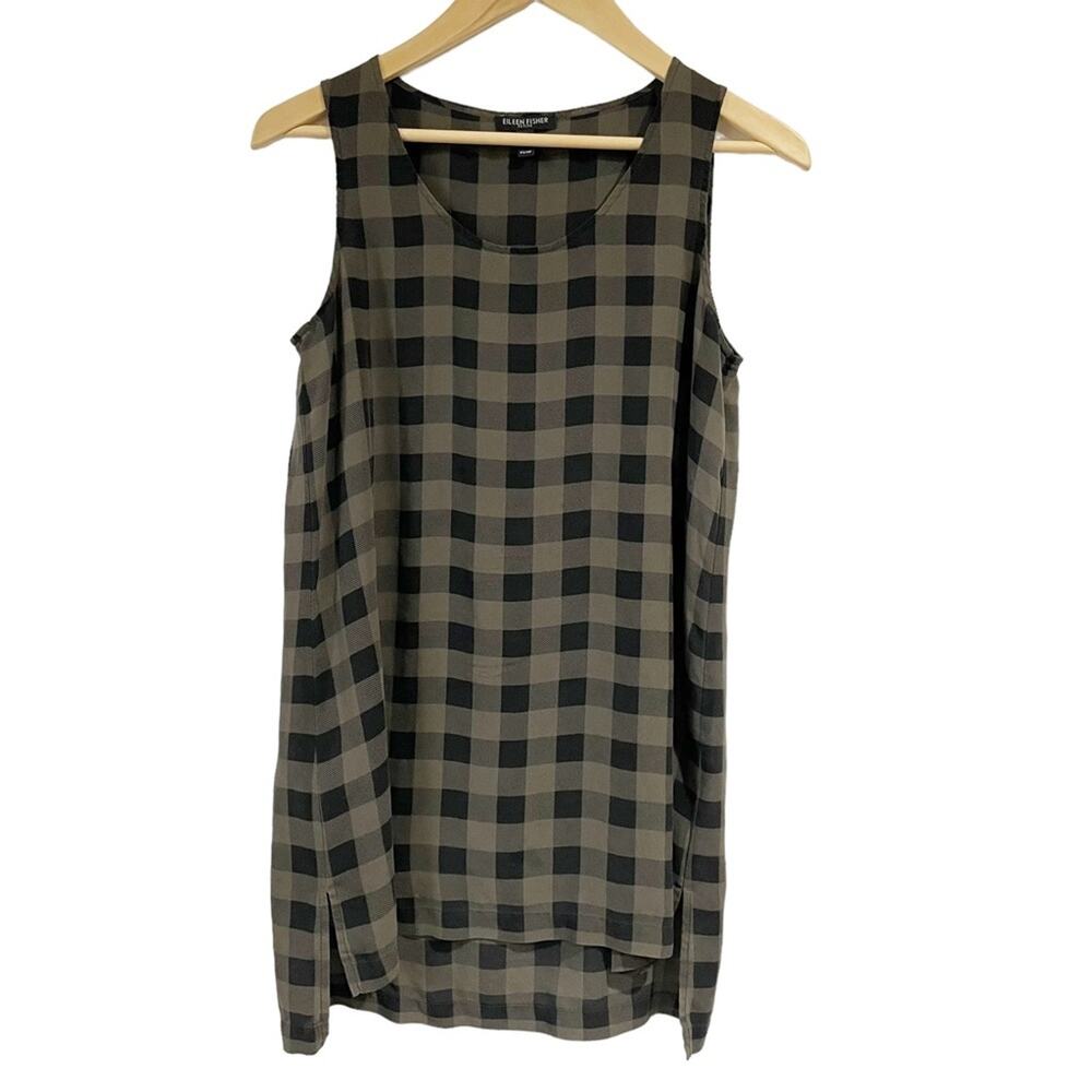 Eileen‎ Fisher Sheer Black Green Checkered Tunic Top Dress Petite Small